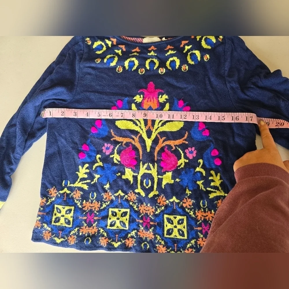 Anthropologie HWR Monogram Floral Intarsia Blue Sweater Women's Sz S.